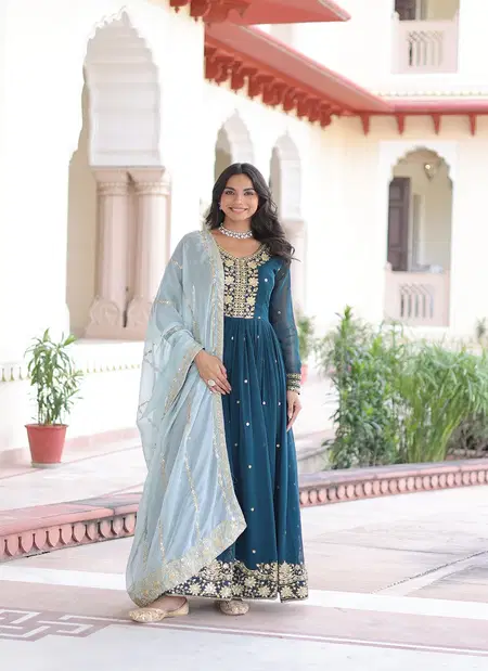 KA 1217 Faux Georgette With Zari Embroidery Work Gown With Dupatta Wholesale In India
